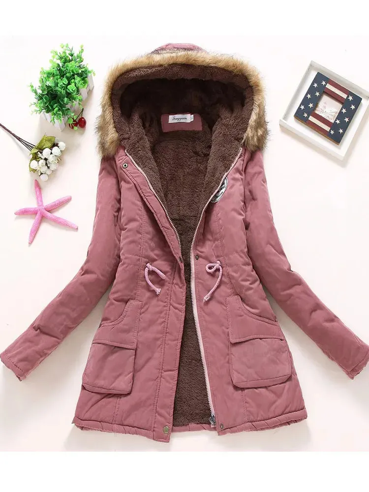 Casual Winter Hooded Jacket with Adjustable Waist and Feathers