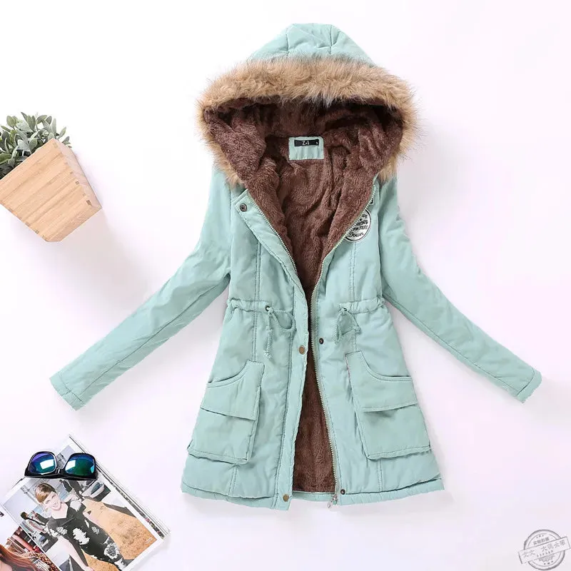 Casual Winter Hooded Jacket with Adjustable Waist and Feathers