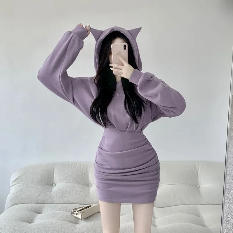 Cute Kitty Cat Ears Drawstring Sweatshirt Hooded Dress