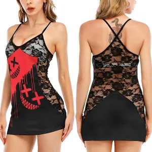 Double Psycho Skull Black Lace Sleepwears Babydol Dresses