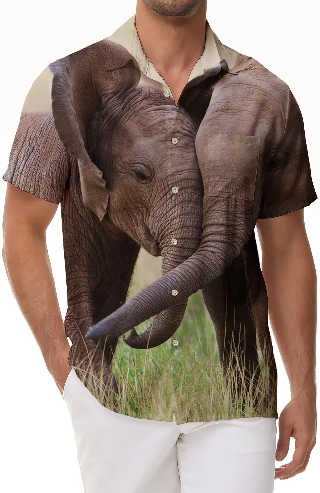 Elephant Family Print Cuban Collar Short Sleeve Beach Shirt for Men Casual Shirts Perfect for Any Occasion