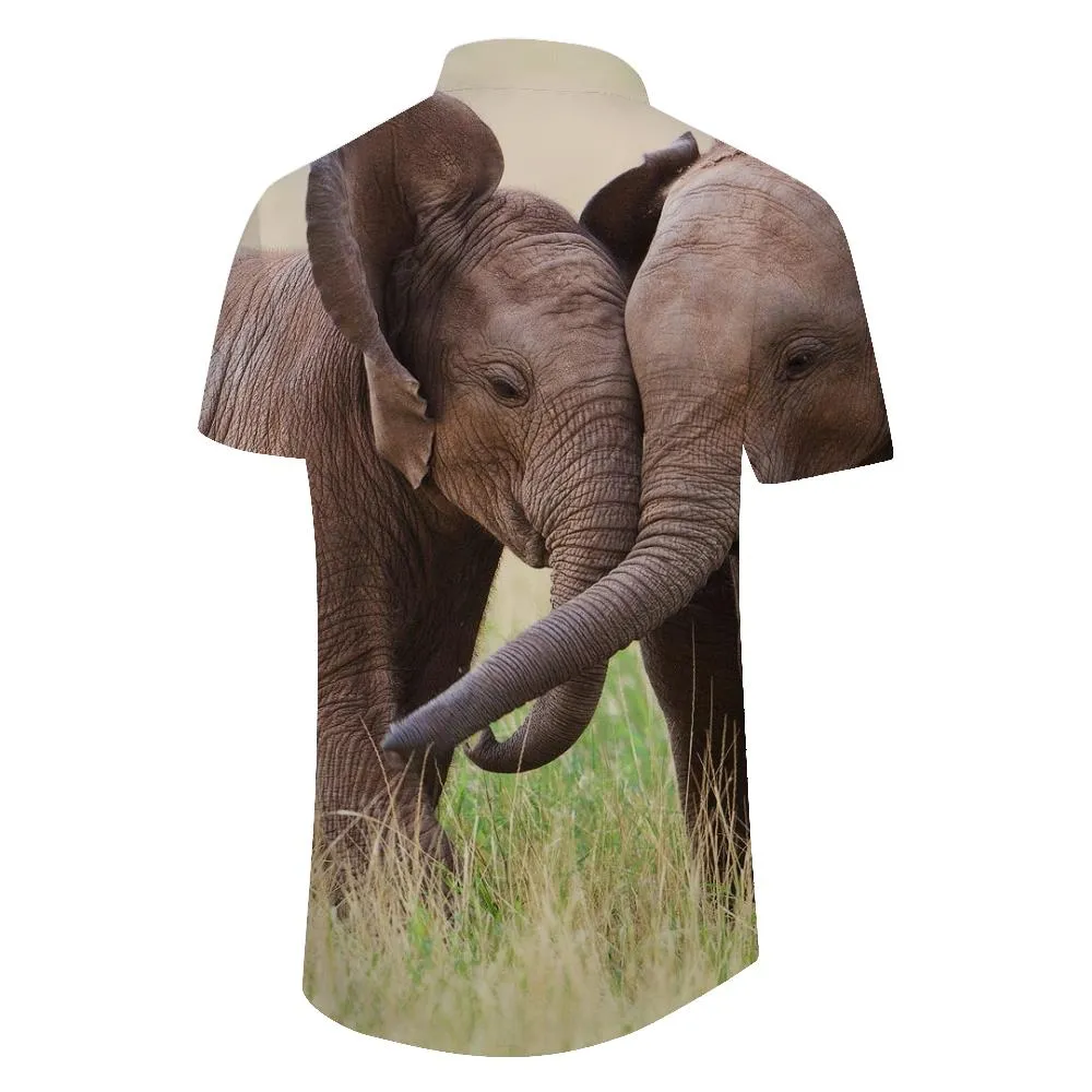 Elephant Family Print Cuban Collar Short Sleeve Beach Shirt for Men Casual Shirts Perfect for Any Occasion