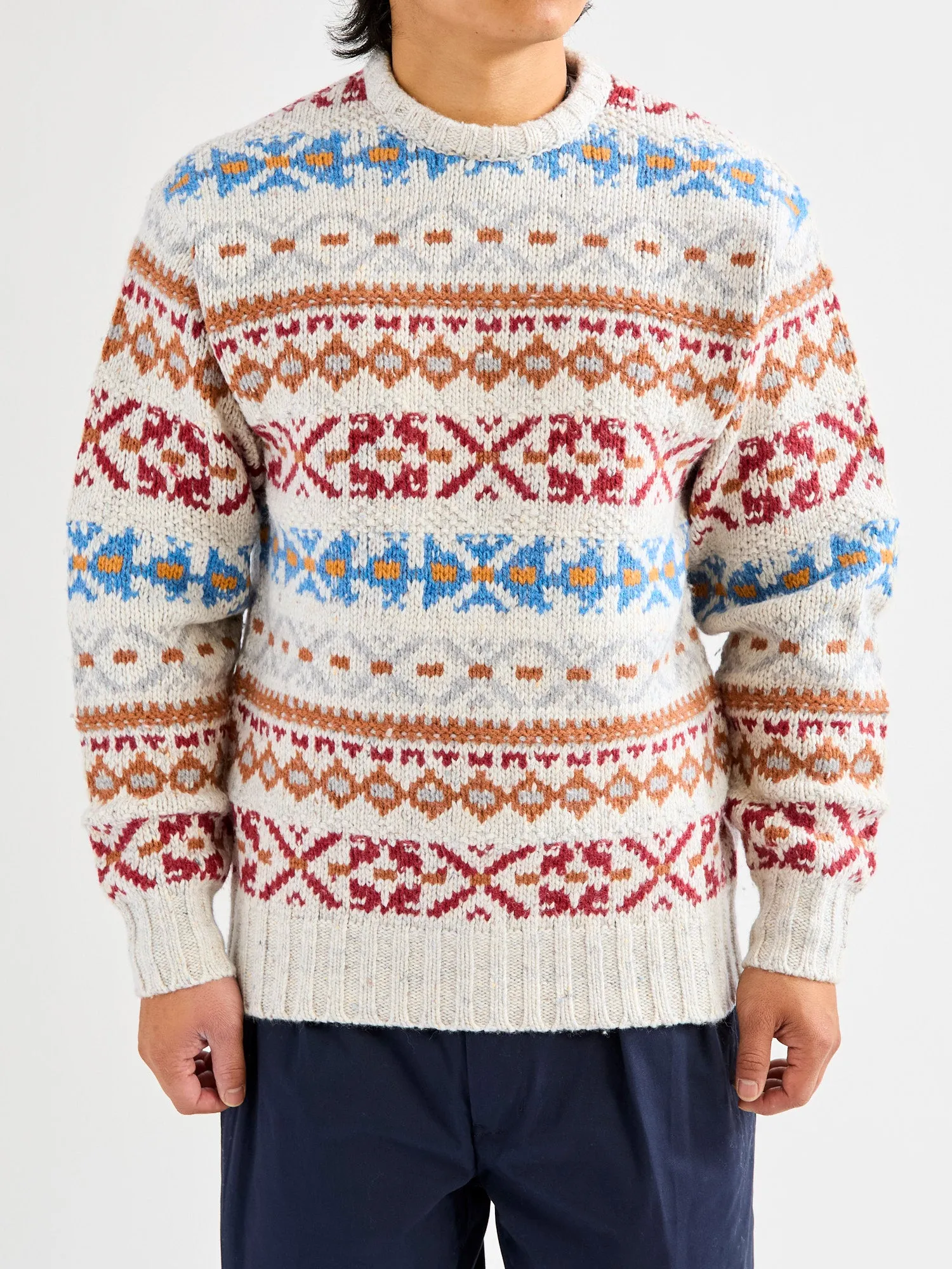 Fair Isle 3-Gauge Crewneck Sweater in Off White