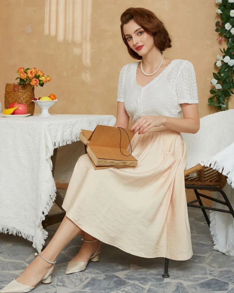 Faux Linen Skirt with Pockets Vintage Swing Skirt Elastic Waist Flared A Line Skirts