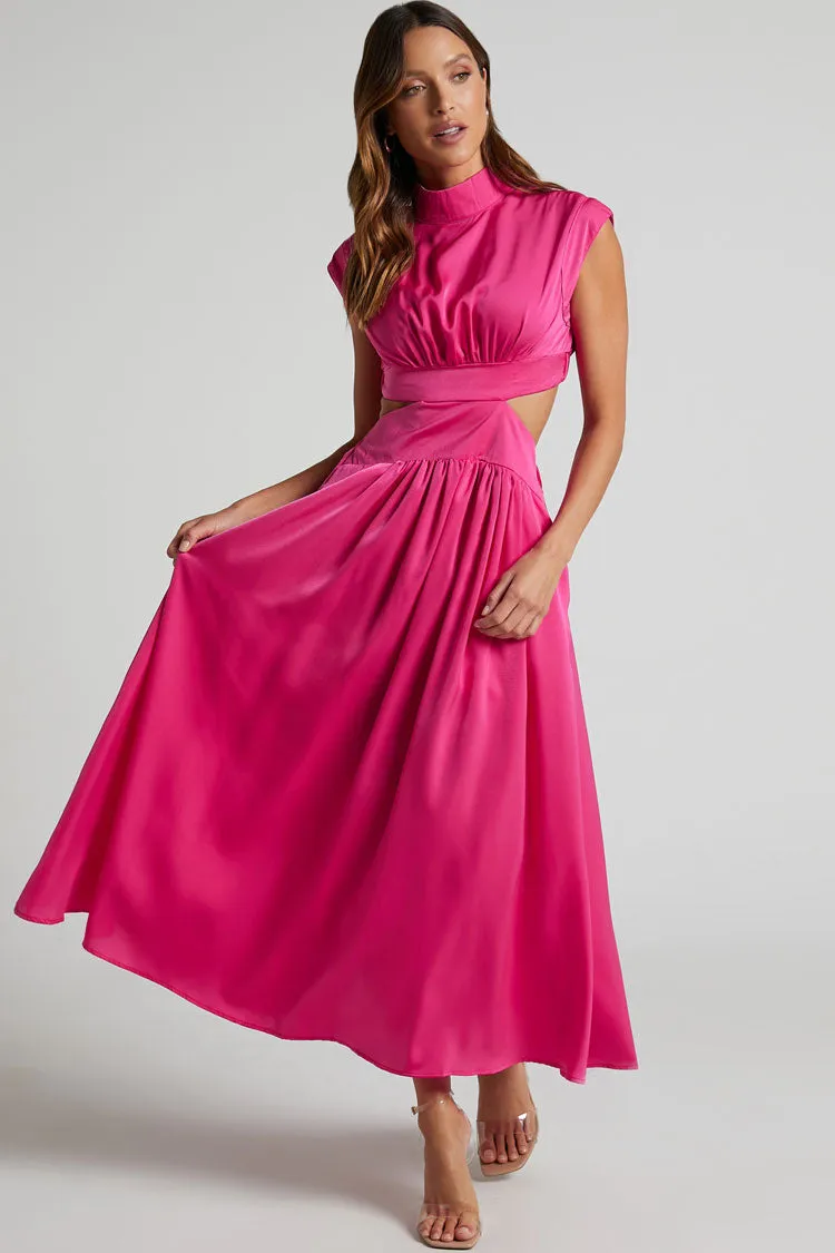 Flowy High Neck Ruched Trim Cutout Waist Summer Midi Sundress - Hot Pink