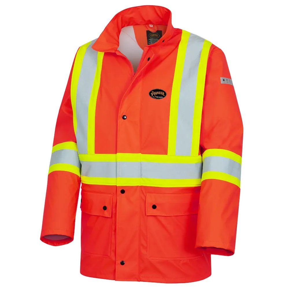 Jacket - Pioneer Hi-Viz Orange Flame Resitant/Polyurethane Waterproof Safety Jacket with Pockets 5892PKT