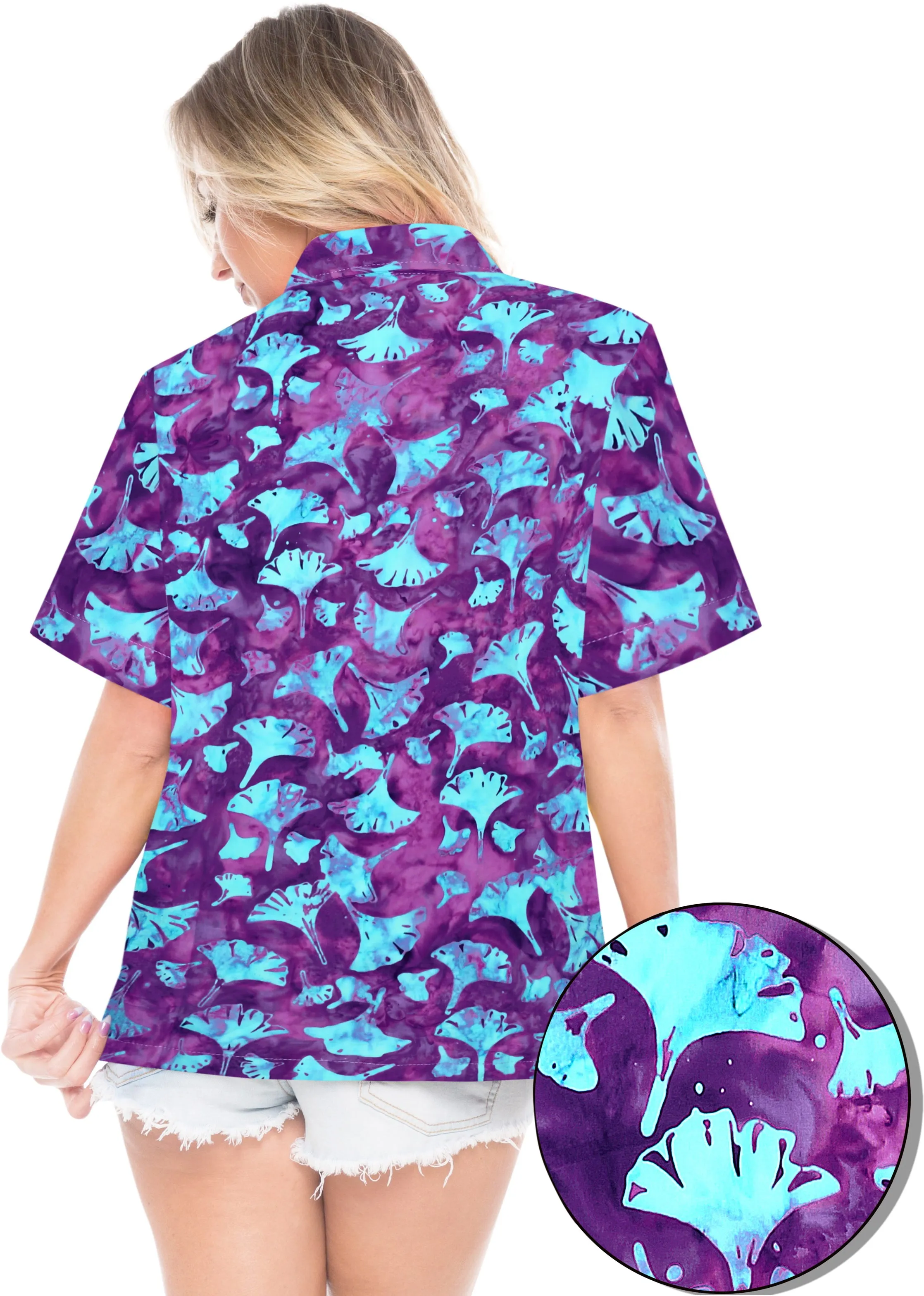 LA LEELA Women's Beach Button Down Short Sleeve Casual Floral leaf hand printed Blouse Purple