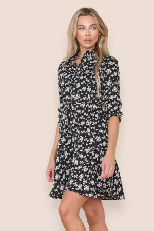 LOVE SUNSHINE Black Ditsy Floral Print Frilled Hem Mini Dress