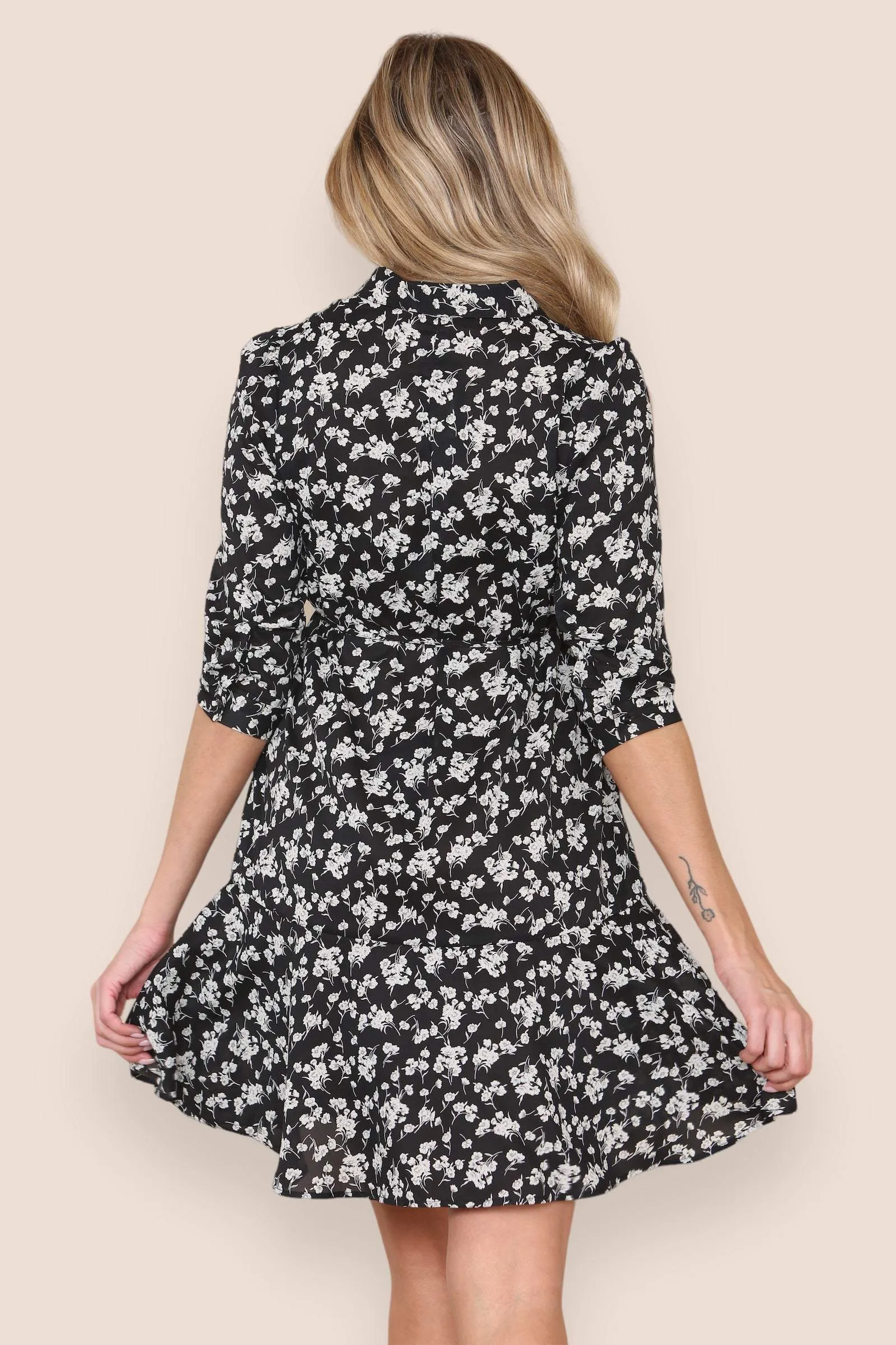 LOVE SUNSHINE Black Ditsy Floral Print Frilled Hem Mini Dress