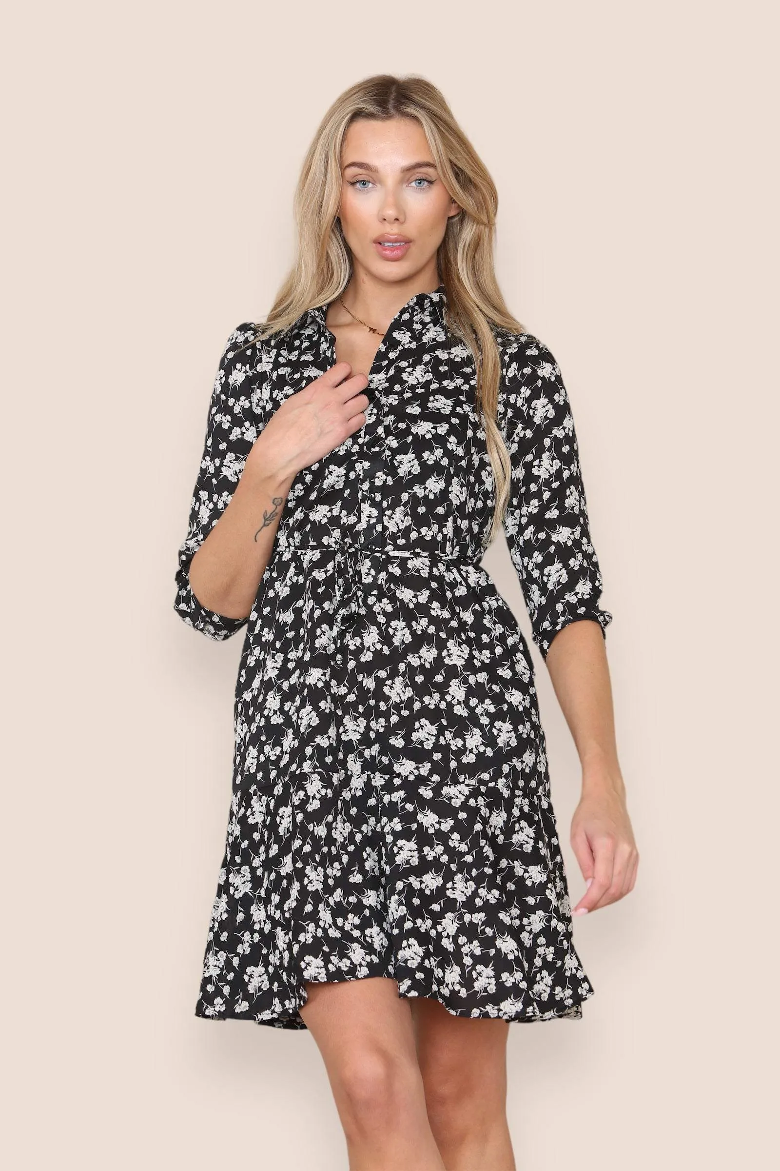 LOVE SUNSHINE Black Ditsy Floral Print Frilled Hem Mini Dress