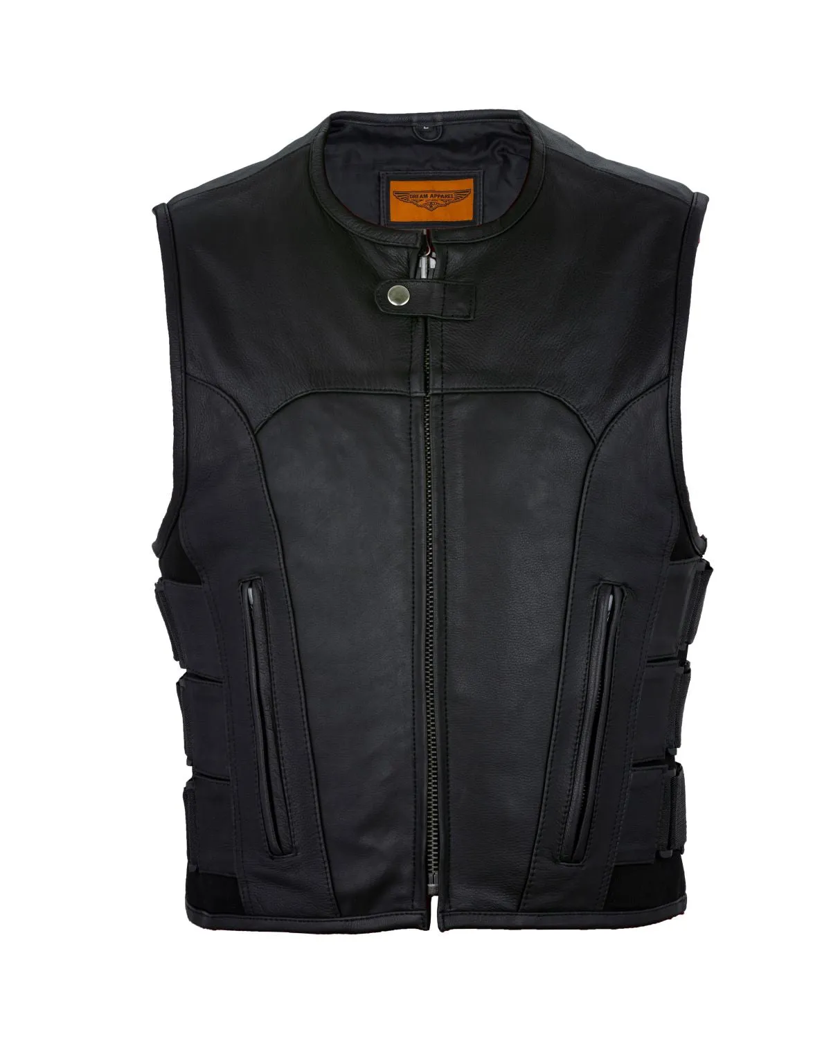 Men's Black Bullet Proof Style Leather Vest with Straps on Side