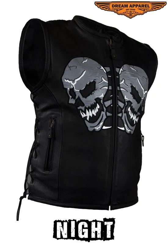 Mens Leather Vest With Reflective Evil Skulls