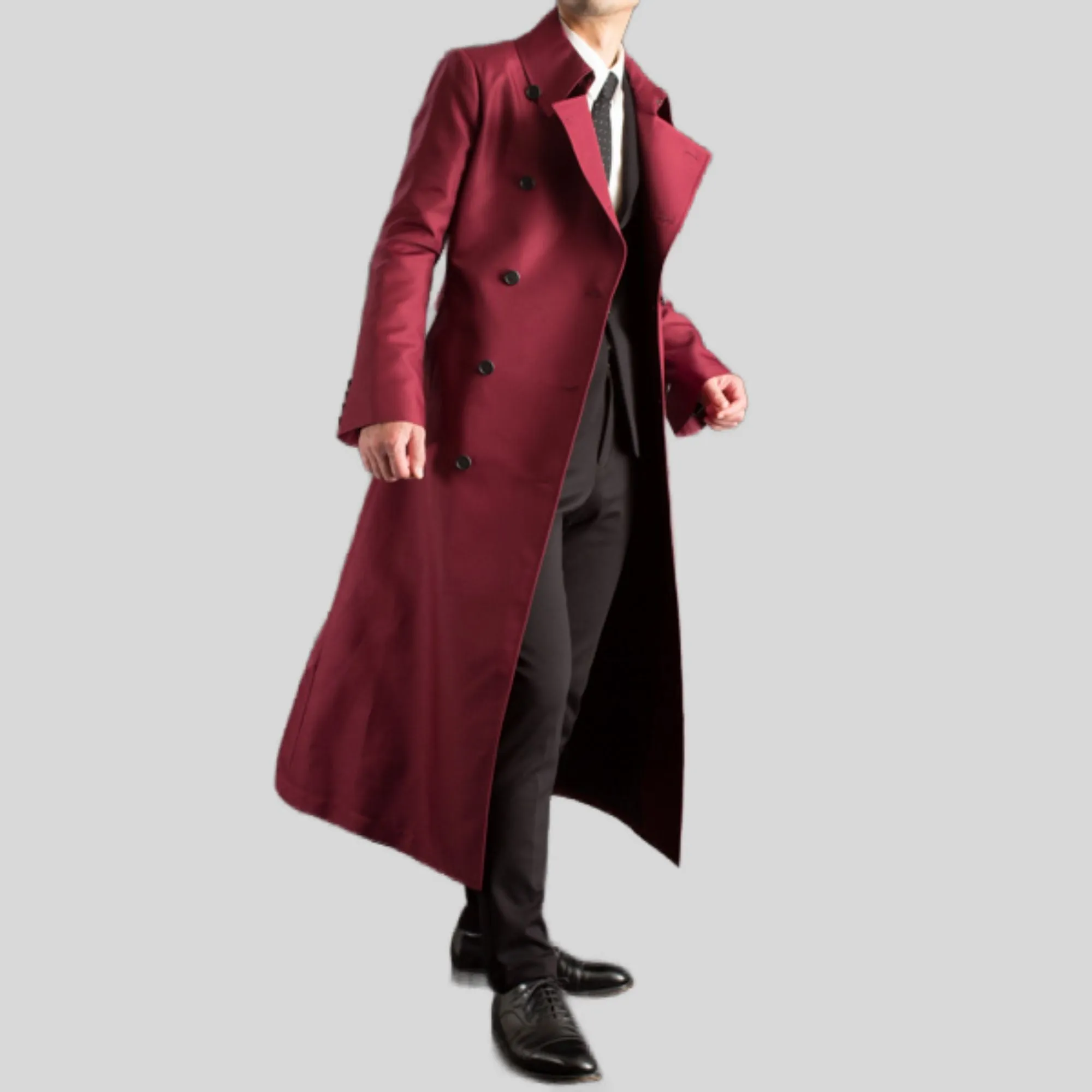 Men's Long Maroon Red Belted Genuine Wool Trench Coat