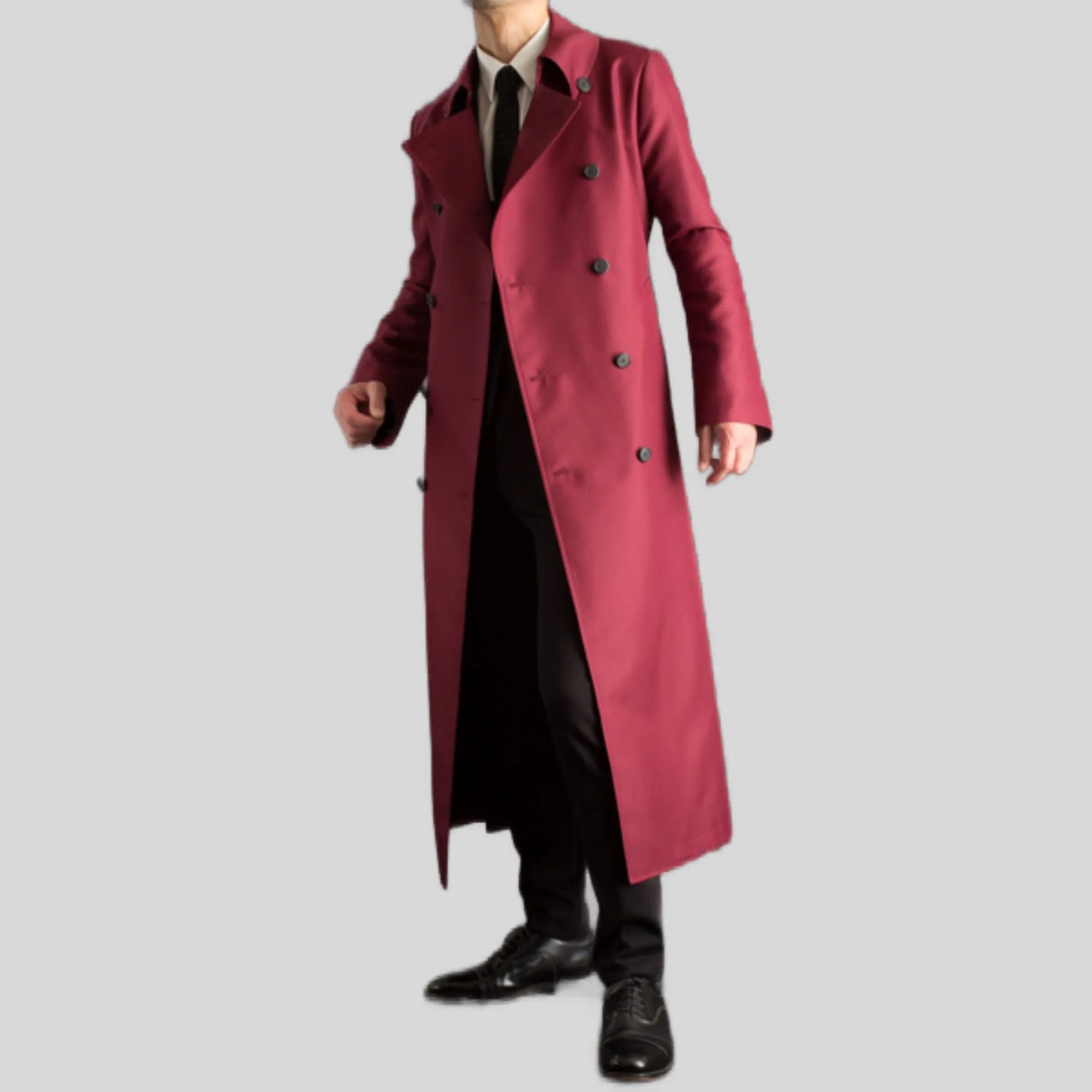 Men's Long Maroon Red Belted Genuine Wool Trench Coat