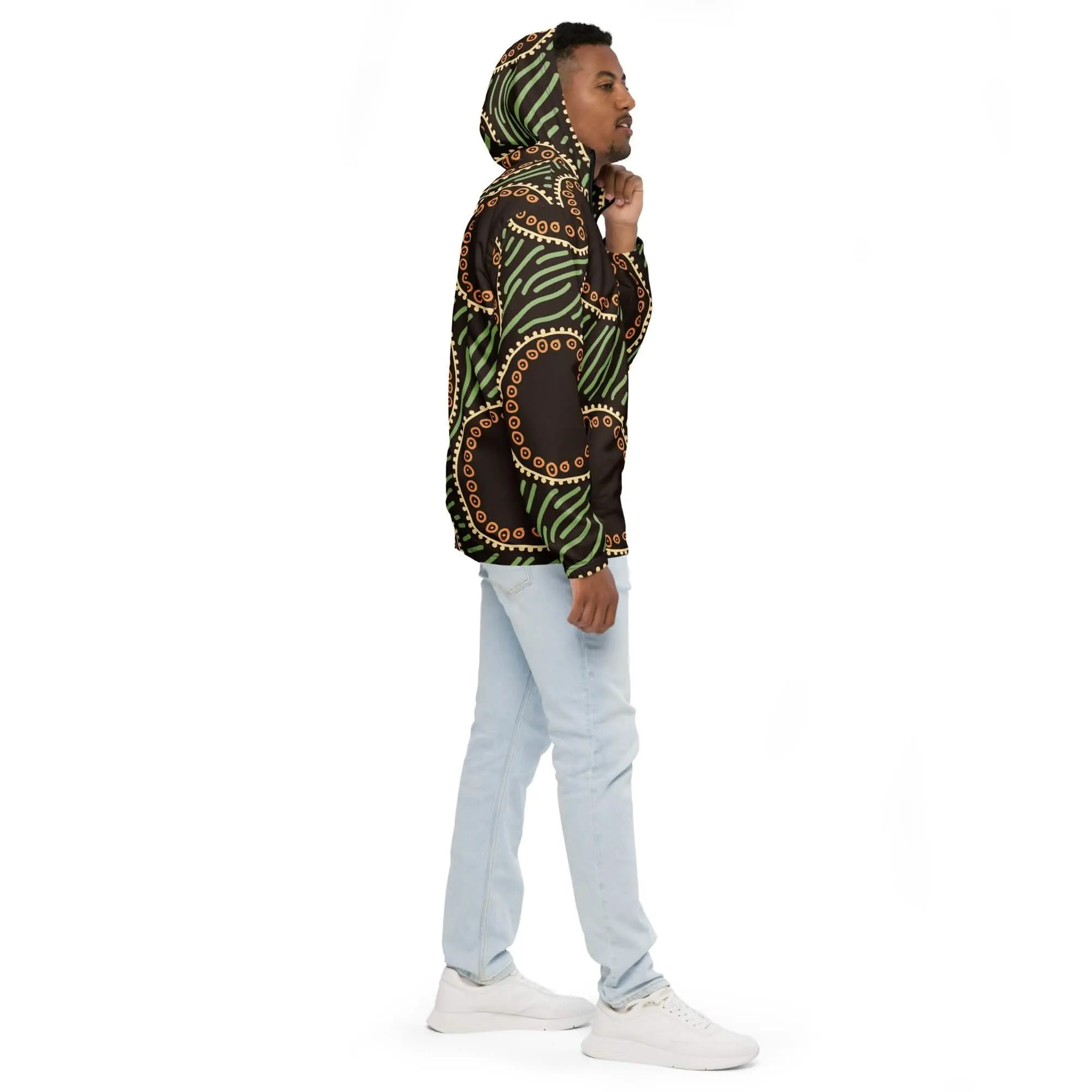 Men's Stylish Geometric Design Hooded Windbreaker Jacket in Earthy Tones