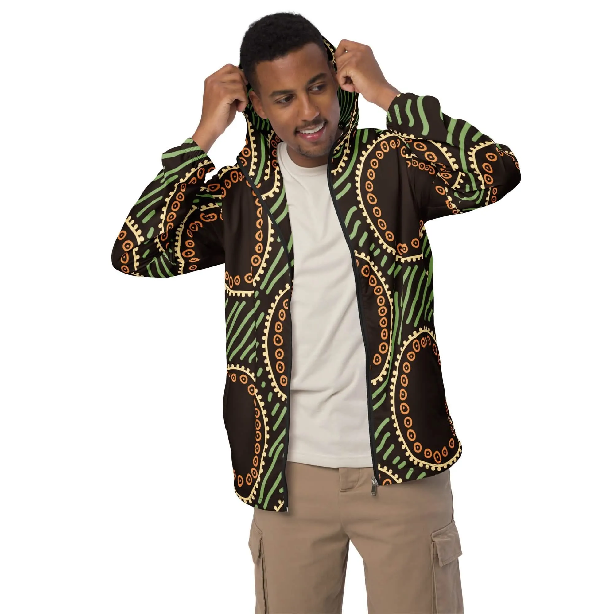 Men's Stylish Geometric Design Hooded Windbreaker Jacket in Earthy Tones