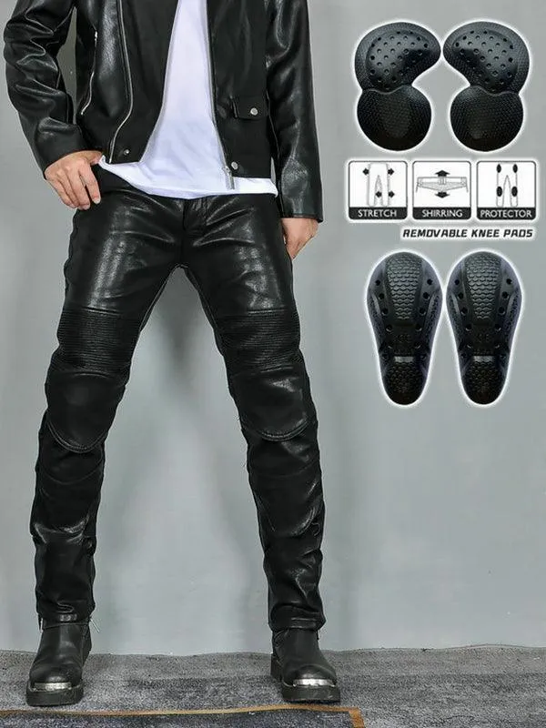 Men's Winter Warm Waterproof Motorcycle Riding Pants Fleece-Lined Windproof Vintage Casual Anti-Fall Leather Trousers