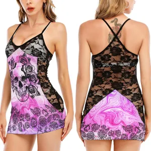 Pink Gothic Rose Skull Black Lace Sleepwears Babydol Dresses