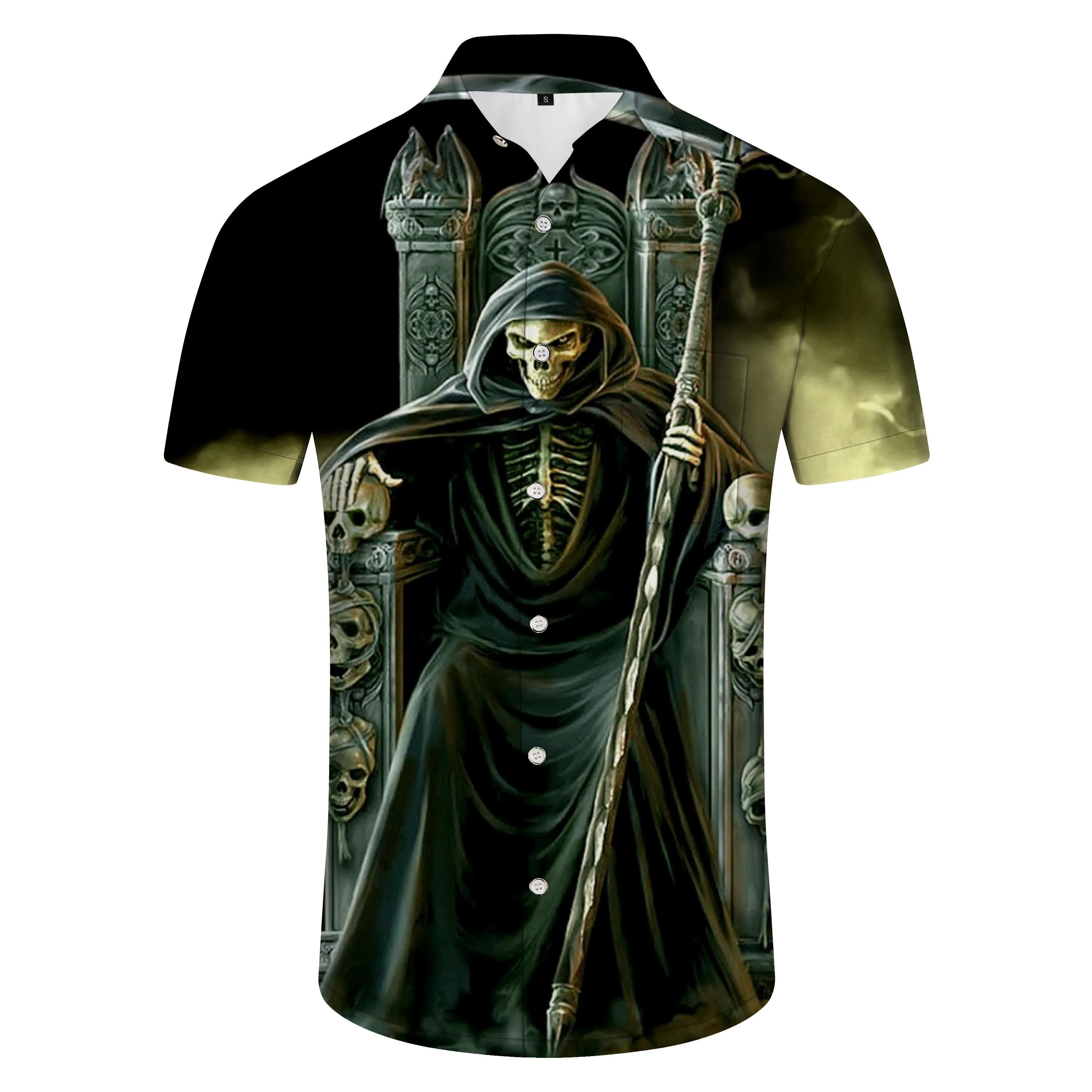 Rap new men's casual button-down shirt with printed personality black skull short-sleeved shirt