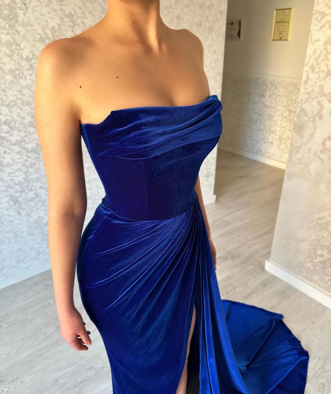 Royal Blue Split Front Strapless Ruffles Floor-Length Prom