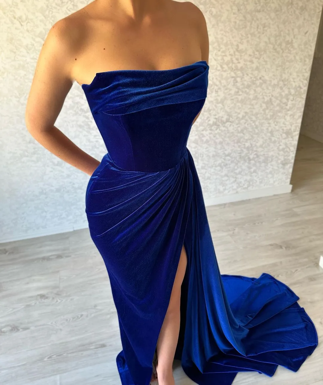 Royal Blue Split Front Strapless Ruffles Floor-Length Prom