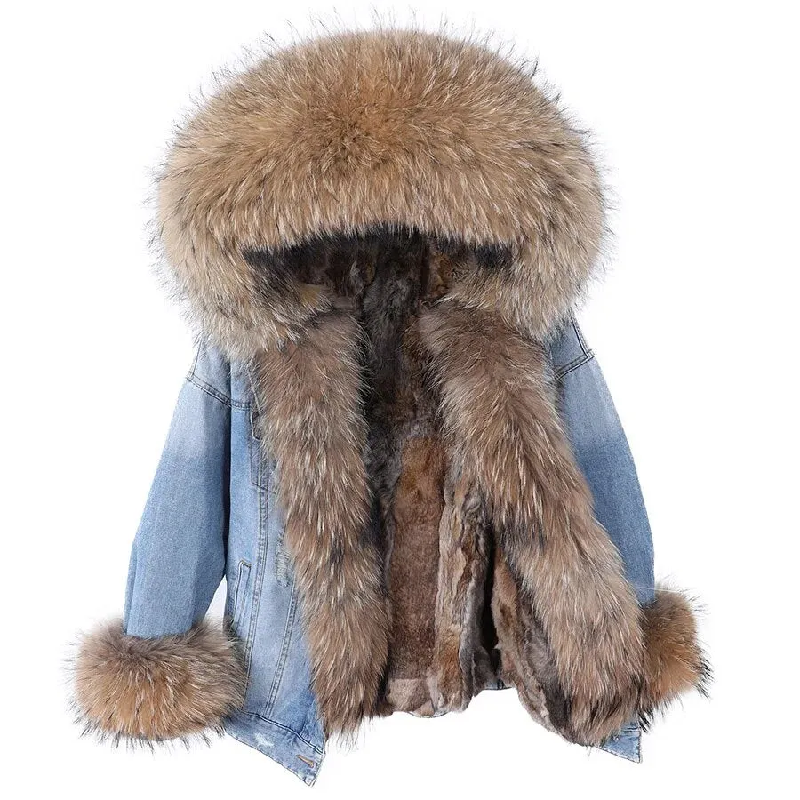 Winter Denim Jacket Parka Winter Women Parkas Real Fur Collar Coat Natural Raccoon Fur Hood Real Rabbit Fur Liner Luxury