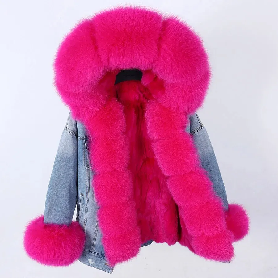 Winter Denim Jacket Parka Winter Women Parkas Real Fur Collar Coat Natural Raccoon Fur Hood Real Rabbit Fur Liner Luxury