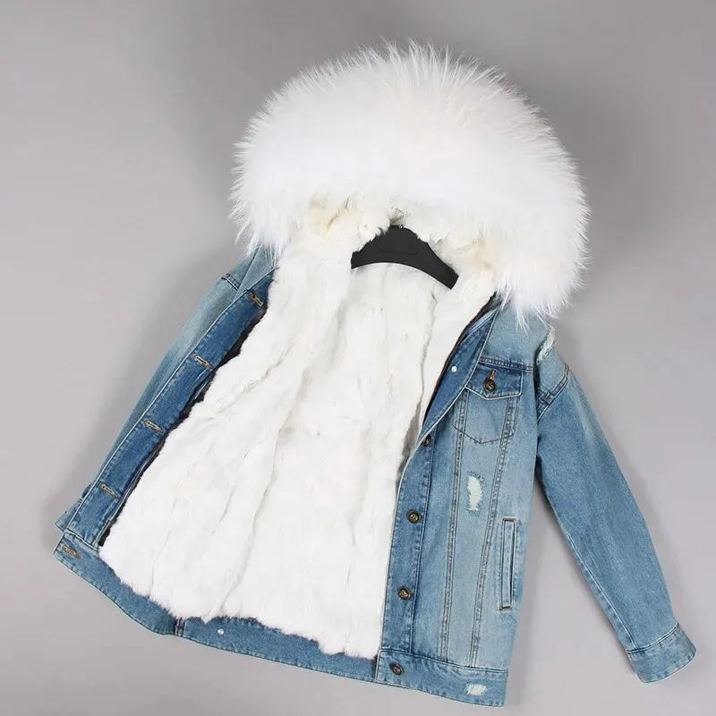 Winter Denim Jacket Parka Winter Women Parkas Real Fur Collar Coat Natural Raccoon Fur Hood Real Rabbit Fur Liner Luxury