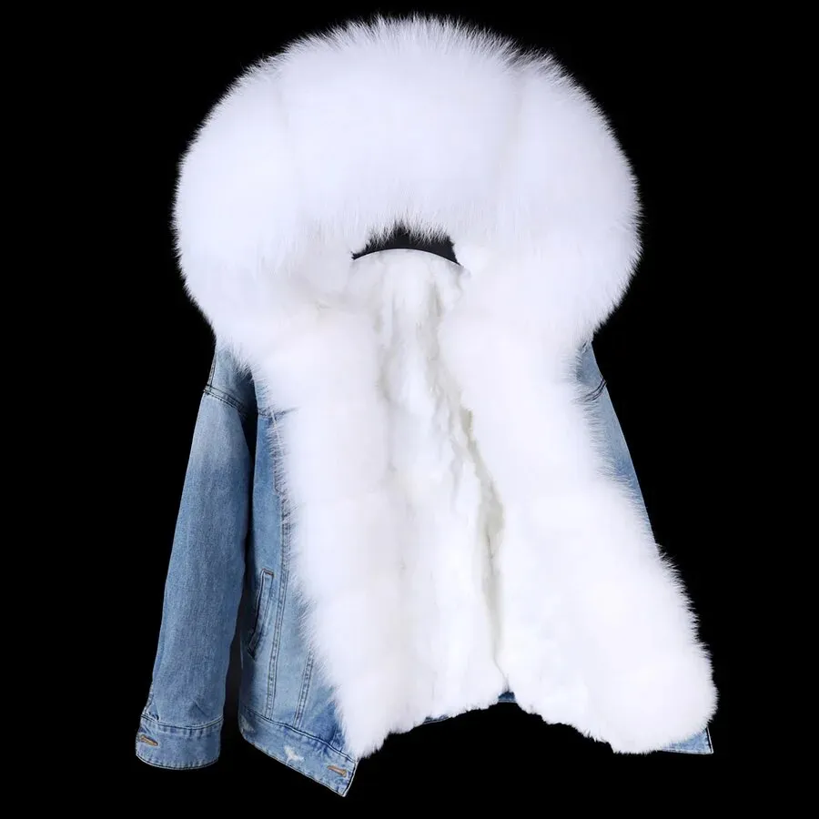 Winter Denim Jacket Parka Winter Women Parkas Real Fur Collar Coat Natural Raccoon Fur Hood Real Rabbit Fur Liner Luxury