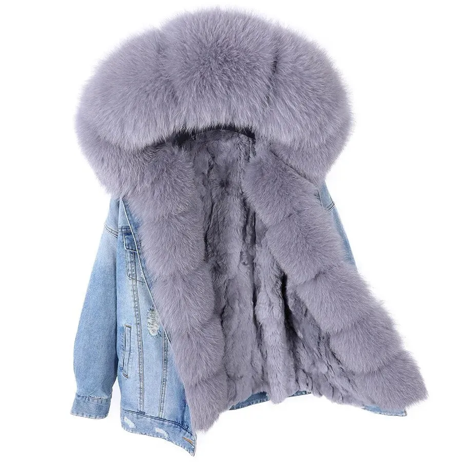 Winter Denim Jacket Parka Winter Women Parkas Real Fur Collar Coat Natural Raccoon Fur Hood Real Rabbit Fur Liner Luxury