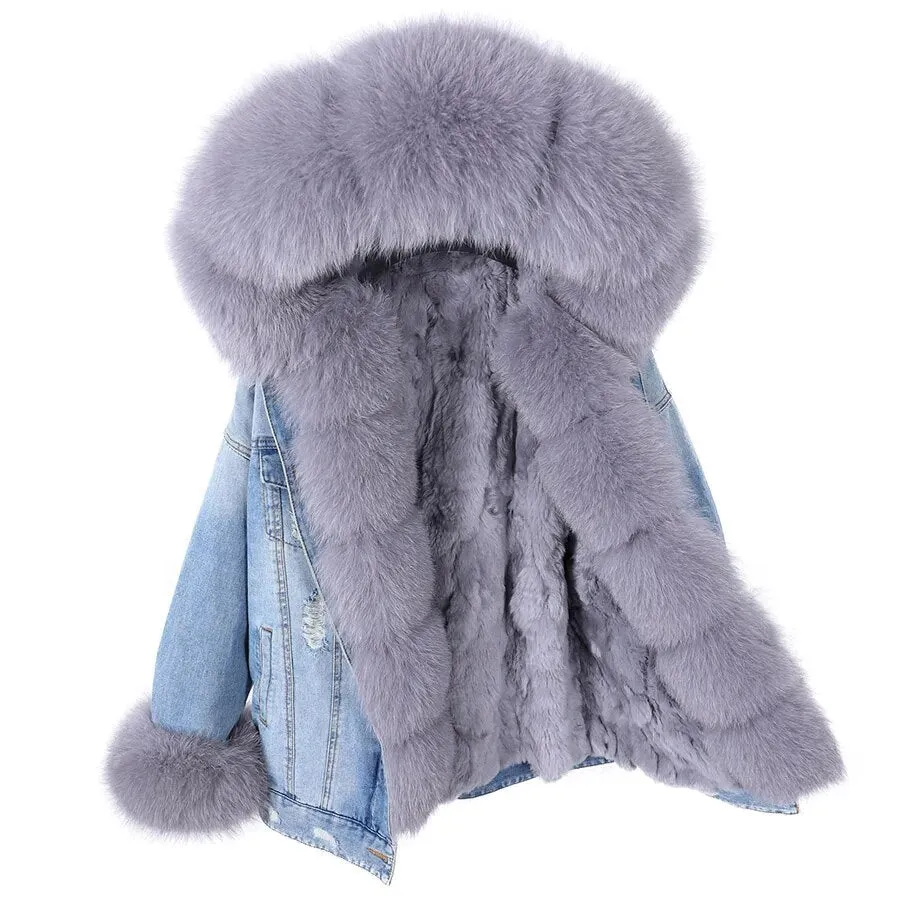 Winter Denim Jacket Parka Winter Women Parkas Real Fur Collar Coat Natural Raccoon Fur Hood Real Rabbit Fur Liner Luxury