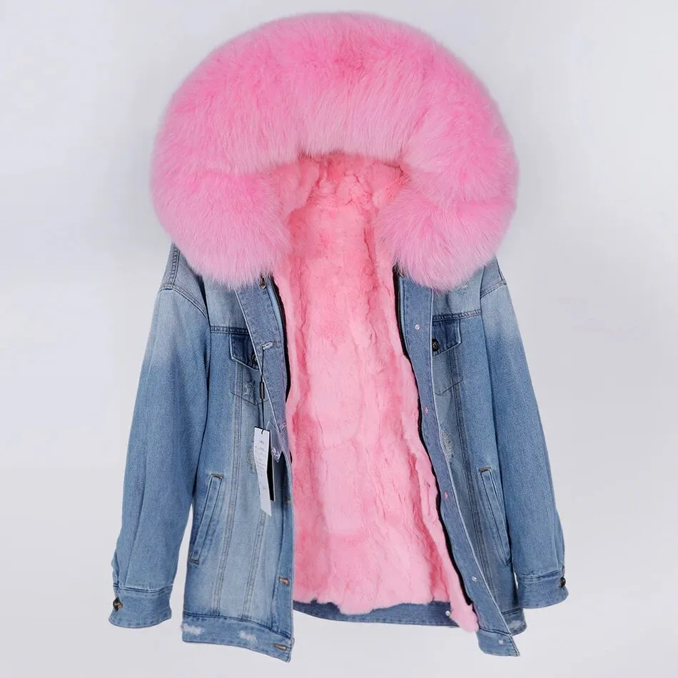 Winter Denim Jacket Parka Winter Women Parkas Real Fur Collar Coat Natural Raccoon Fur Hood Real Rabbit Fur Liner Luxury