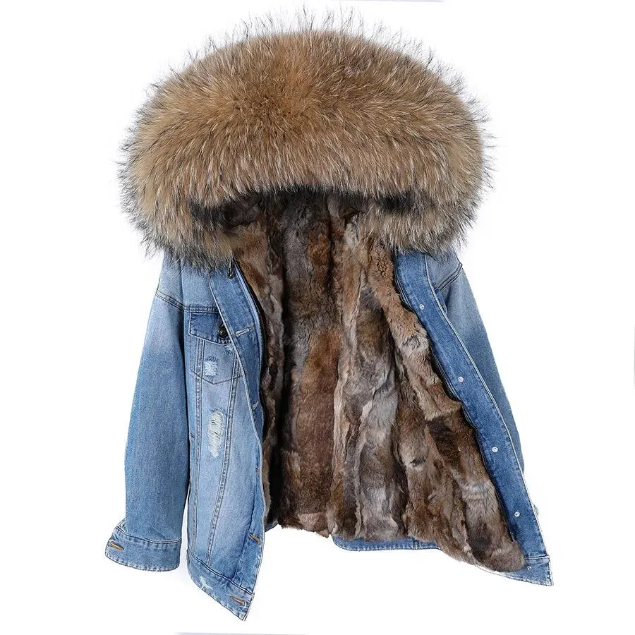 Winter Denim Jacket Parka Winter Women Parkas Real Fur Collar Coat Natural Raccoon Fur Hood Real Rabbit Fur Liner Luxury