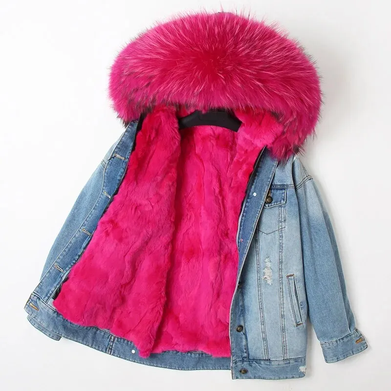 Winter Denim Jacket Parka Winter Women Parkas Real Fur Collar Coat Natural Raccoon Fur Hood Real Rabbit Fur Liner Luxury