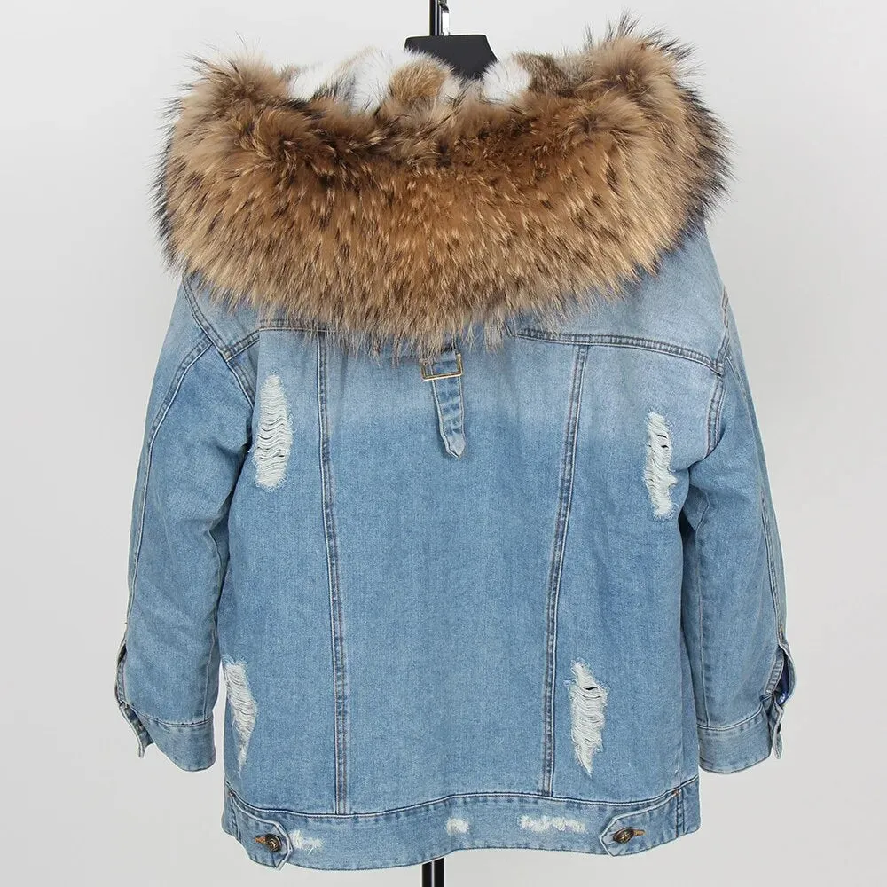 Winter Denim Jacket Parka Winter Women Parkas Real Fur Collar Coat Natural Raccoon Fur Hood Real Rabbit Fur Liner Luxury