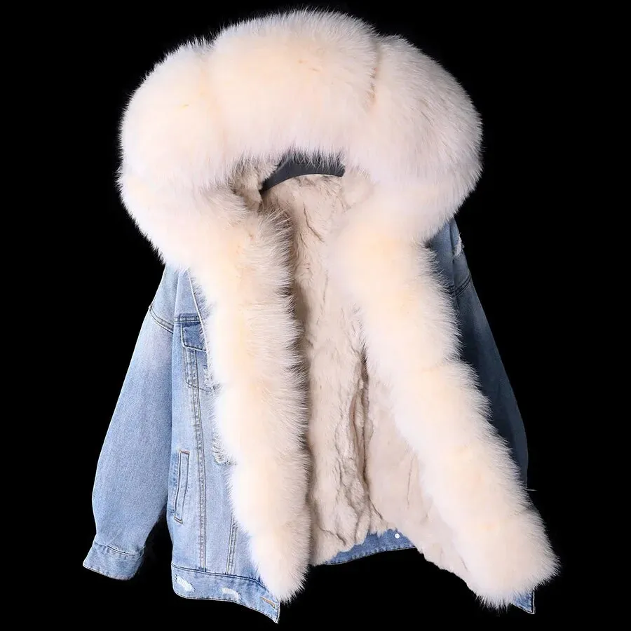 Winter Denim Jacket Parka Winter Women Parkas Real Fur Collar Coat Natural Raccoon Fur Hood Real Rabbit Fur Liner Luxury