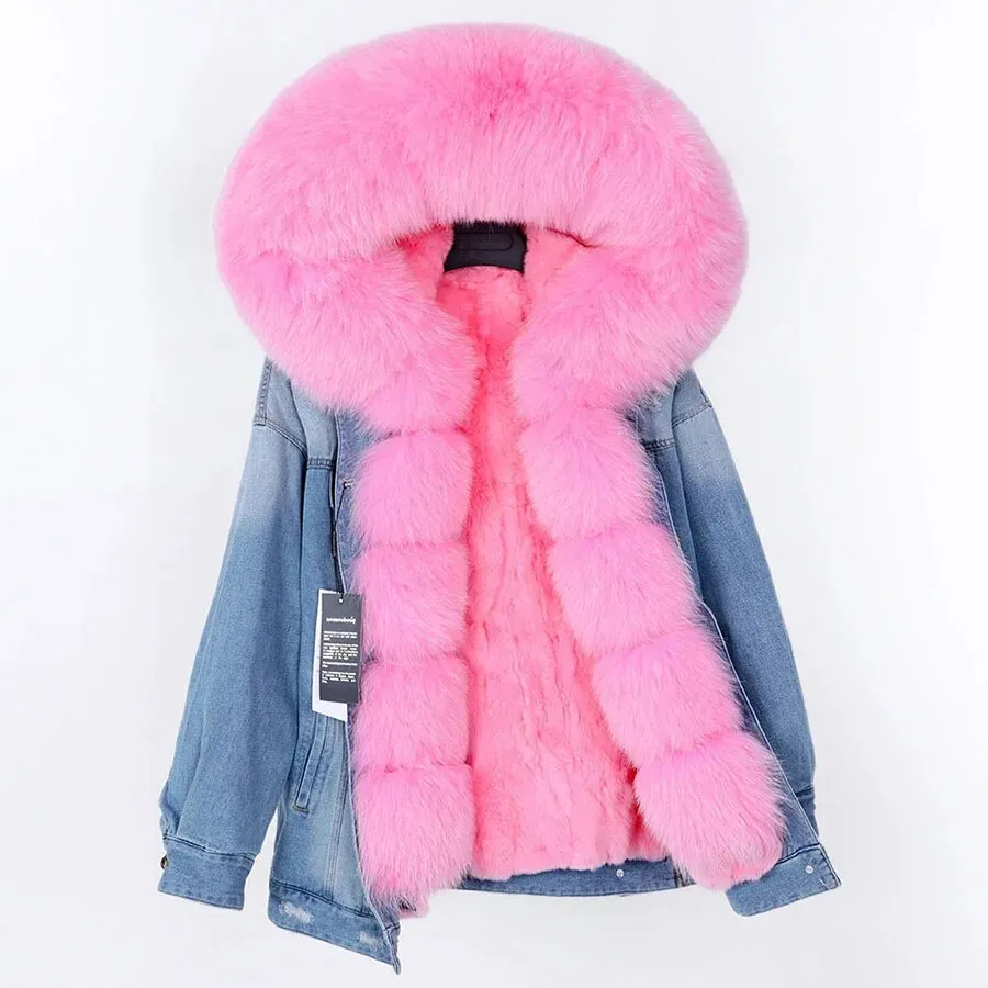 Winter Denim Jacket Parka Winter Women Parkas Real Fur Collar Coat Natural Raccoon Fur Hood Real Rabbit Fur Liner Luxury