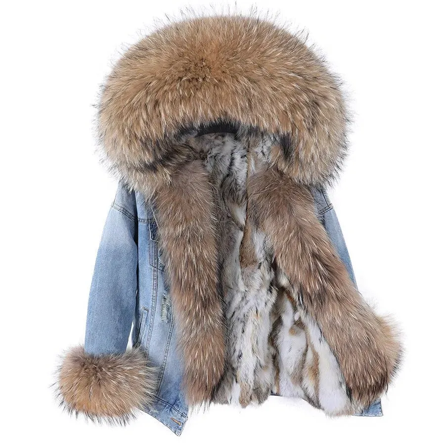 Winter Denim Jacket Parka Winter Women Parkas Real Fur Collar Coat Natural Raccoon Fur Hood Real Rabbit Fur Liner Luxury