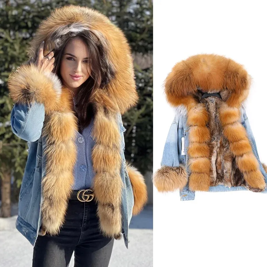 Winter Denim Jacket Parka Winter Women Parkas Real Fur Collar Coat Natural Raccoon Fur Hood Real Rabbit Fur Liner Luxury