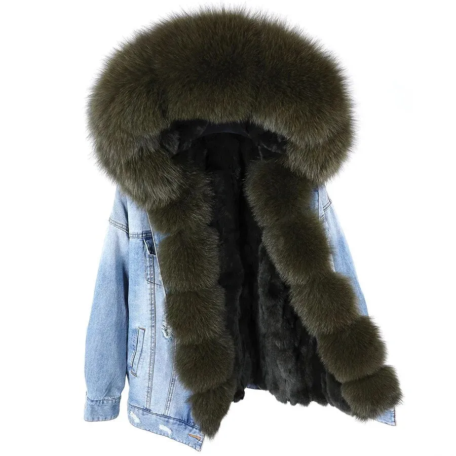 Winter Denim Jacket Parka Winter Women Parkas Real Fur Collar Coat Natural Raccoon Fur Hood Real Rabbit Fur Liner Luxury