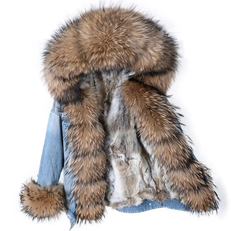 Winter Denim Jacket Parka Winter Women Parkas Real Fur Collar Coat Natural Raccoon Fur Hood Real Rabbit Fur Liner Luxury