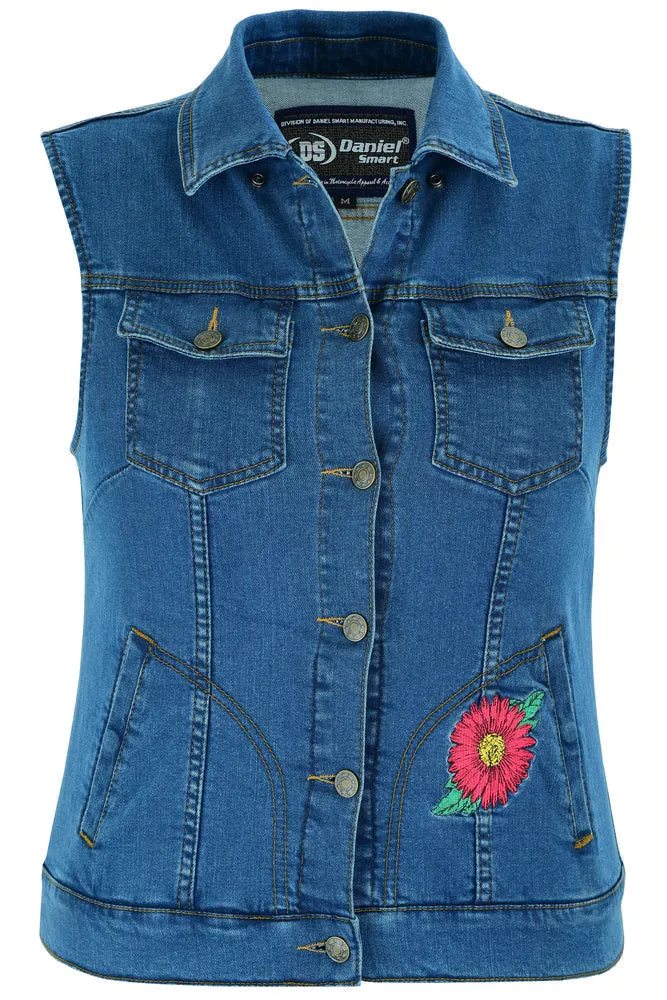 WOMEN'S BLUE DENIM SNAP FRONT VEST WITH RED DAISY MOTORCYCLE VEST