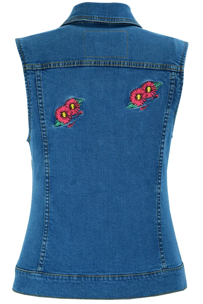 WOMEN'S BLUE DENIM SNAP FRONT VEST WITH RED DAISY MOTORCYCLE VEST