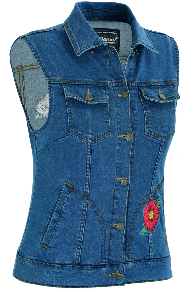 WOMEN'S BLUE DENIM SNAP FRONT VEST WITH RED DAISY MOTORCYCLE VEST