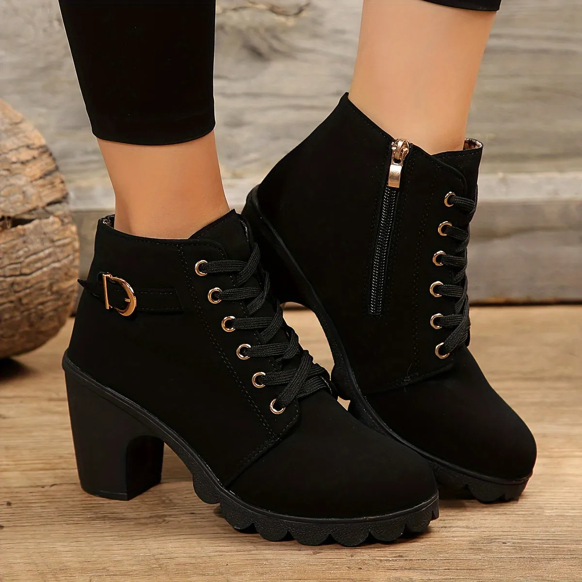 Women's Chunky Heel Short Boots, Fashion Lace Up Side Zipper Boots, Comfortable Ankle Boots