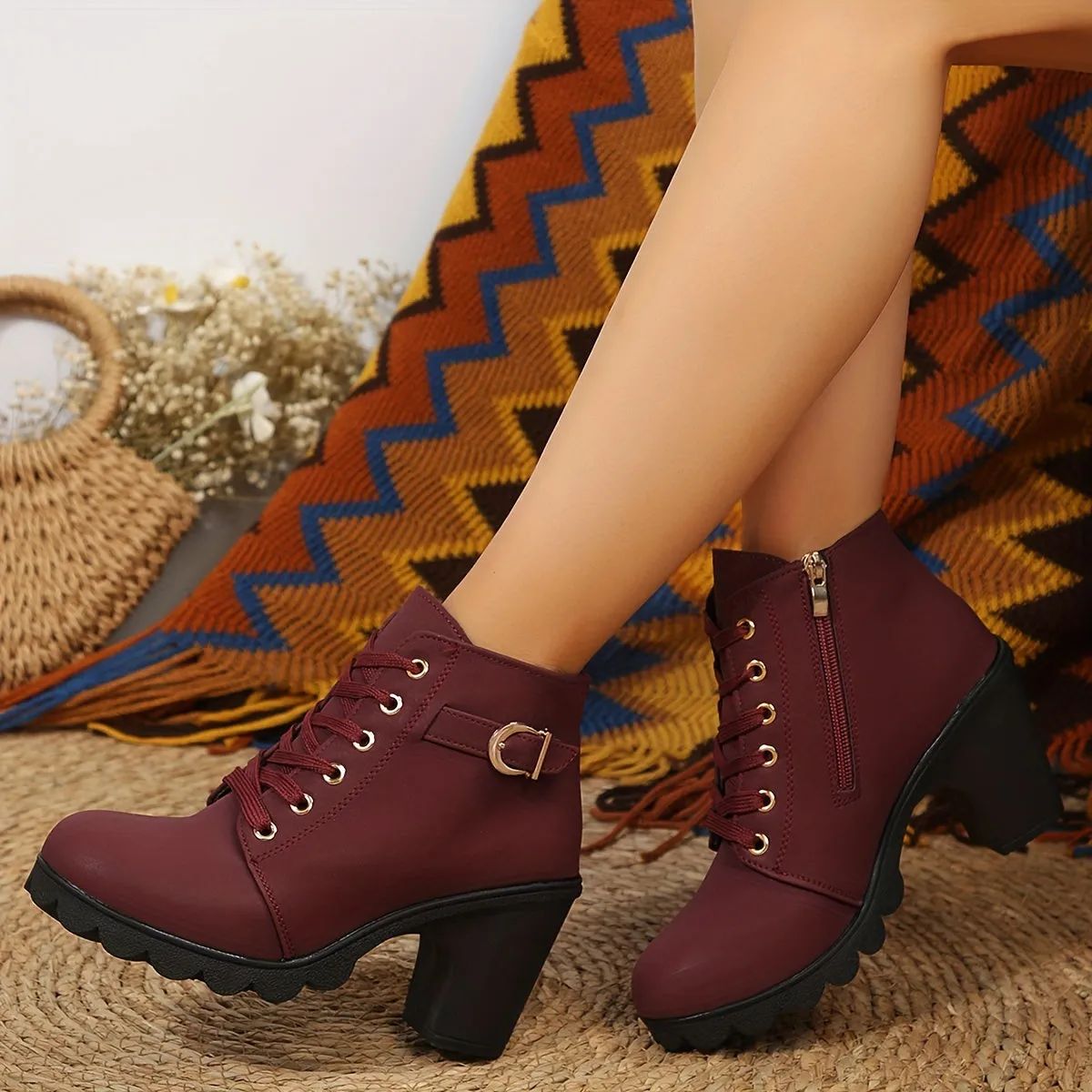 Women's Chunky Heel Short Boots, Fashion Lace Up Side Zipper Boots, Comfortable Ankle Boots