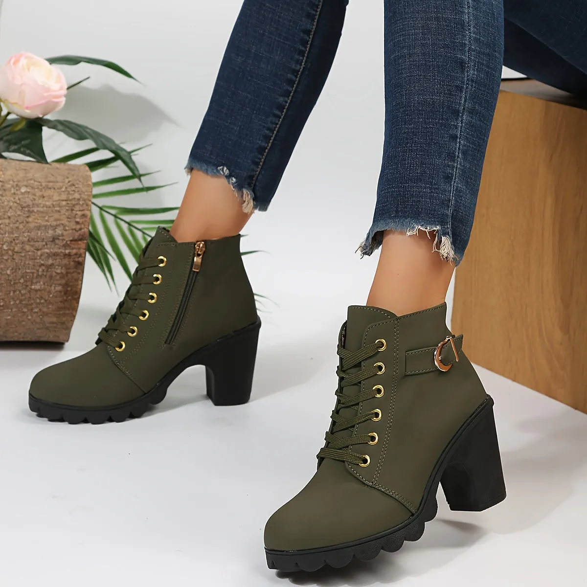 Women's Chunky Heel Short Boots, Fashion Lace Up Side Zipper Boots, Comfortable Ankle Boots