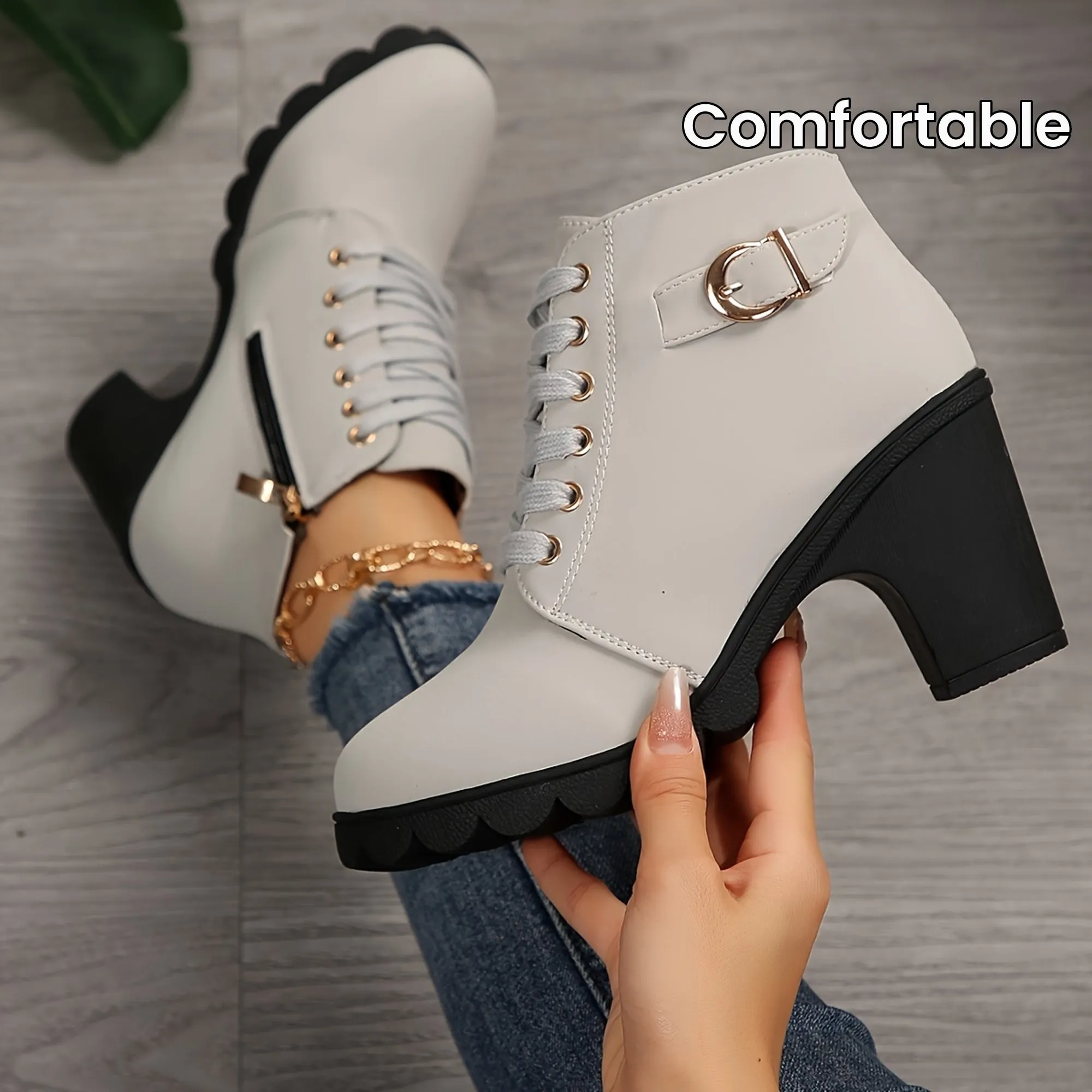 Women's Chunky Heel Short Boots, Fashion Lace Up Side Zipper Boots, Comfortable Ankle Boots