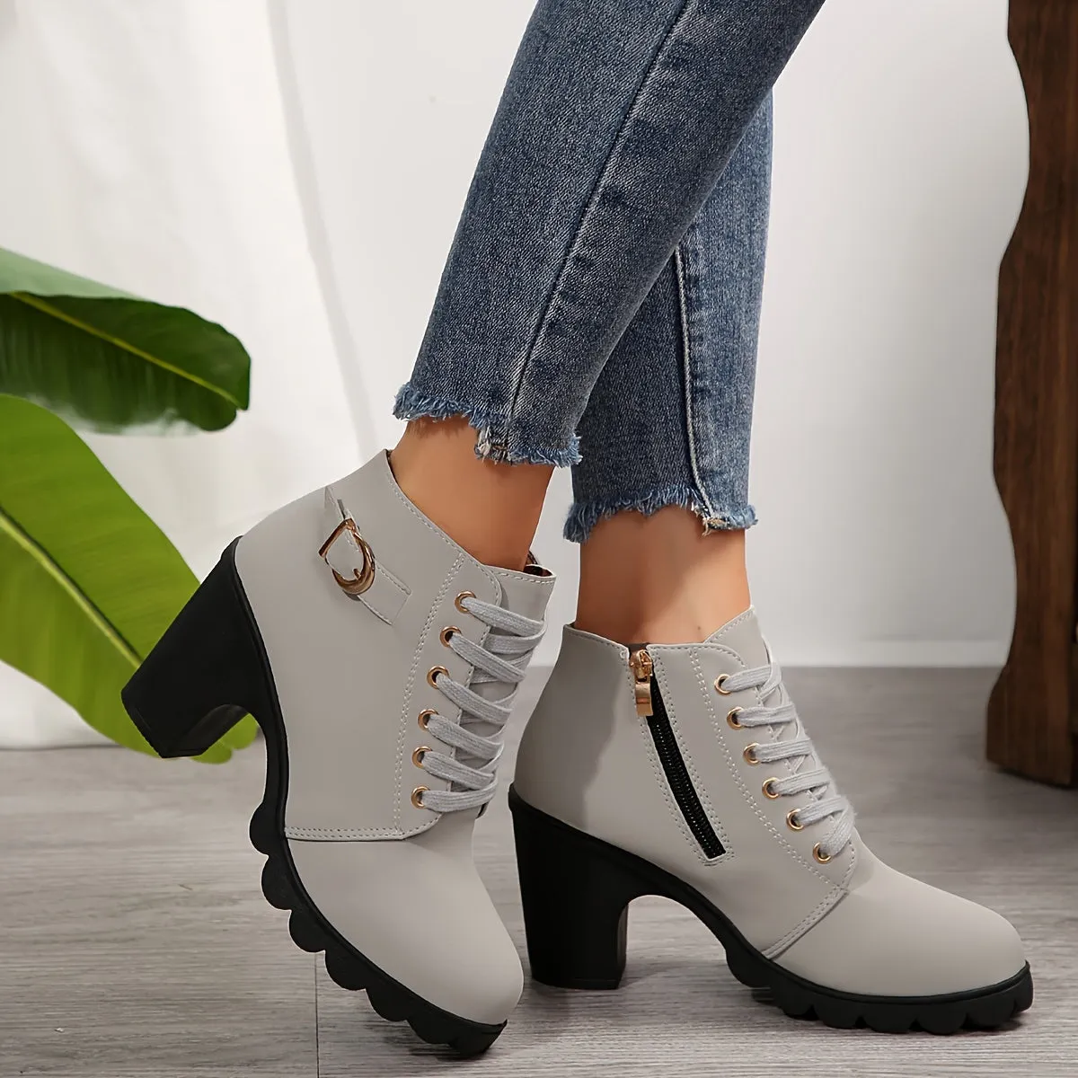 Women's Chunky Heel Short Boots, Fashion Lace Up Side Zipper Boots, Comfortable Ankle Boots