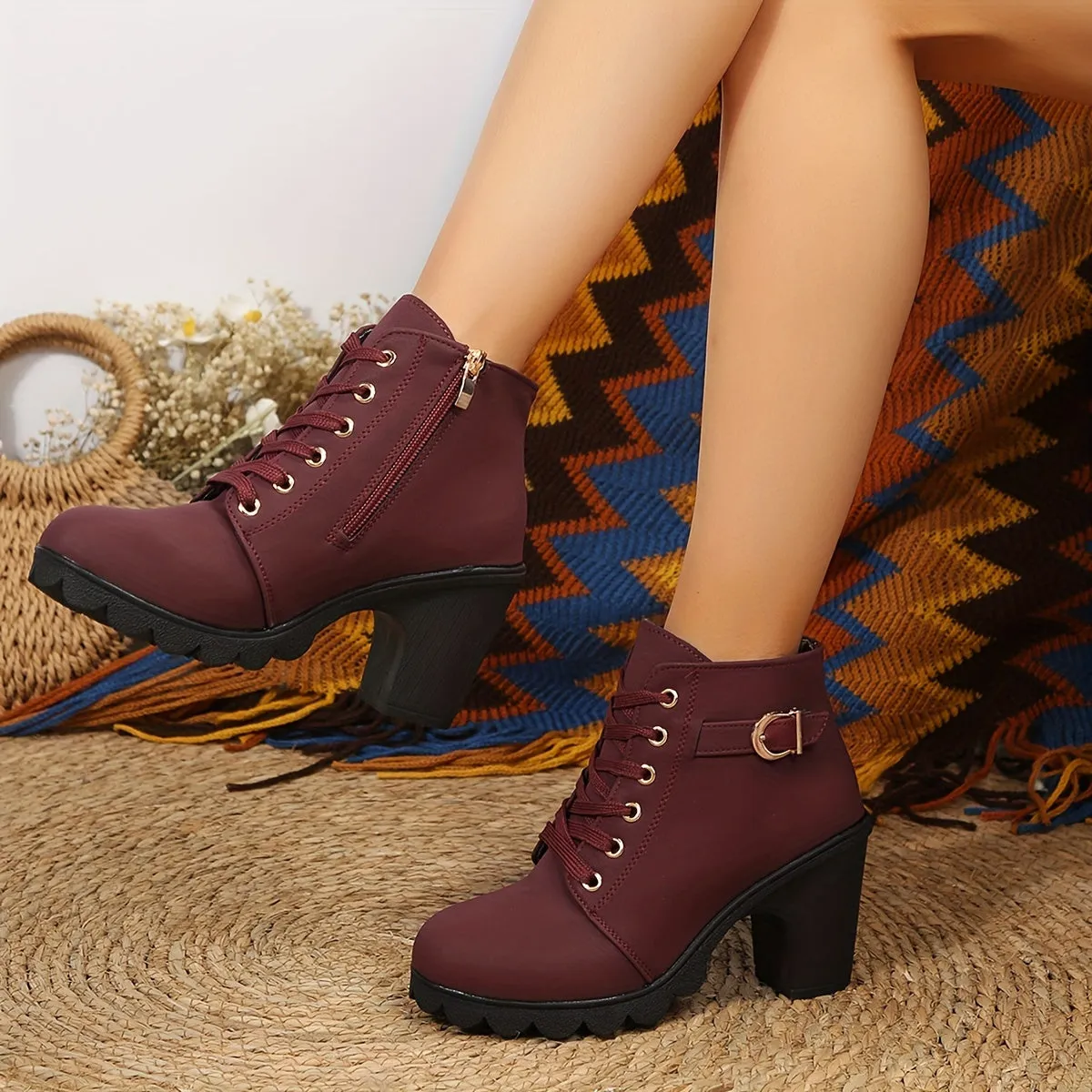 Women's Chunky Heel Short Boots, Fashion Lace Up Side Zipper Boots, Comfortable Ankle Boots